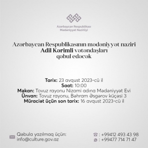 Mədəniyyət naziri Adil Kərimli Tovuzda vətəndaşları qəbul edəcək