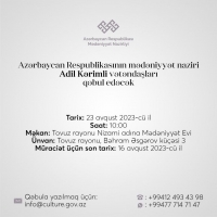 Mədəniyyət naziri Adil Kərimli Tovuzda vətəndaşları qəbul edəcək