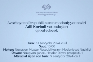 Mədəniyyət naziri Adil Kərimli Naxçıvanda vətəndaşları qəbul edəcək