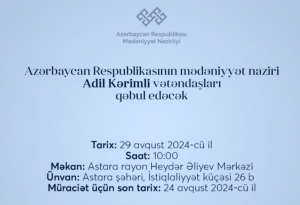 Mədəniyyət naziri Adil Kərimli Astarada vətəndaşları qəbul edəcək